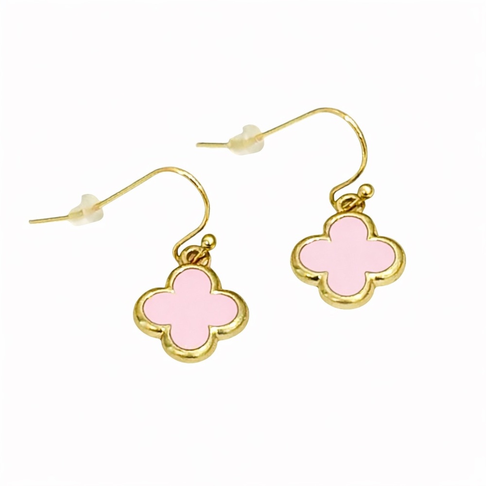 Hand Crafted Pink Enamel and Gold Clover Earrings
